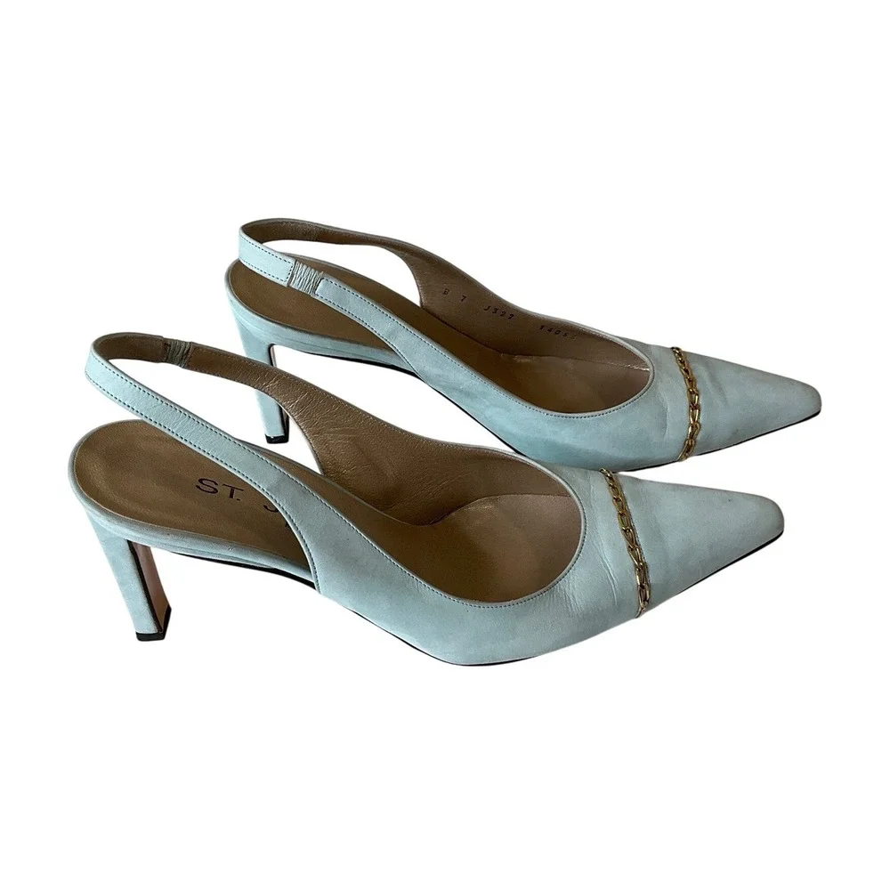St. John Slingback Heel Nappa Leather Pointed Toe‎ Light Blue Gold Chain Italy 7